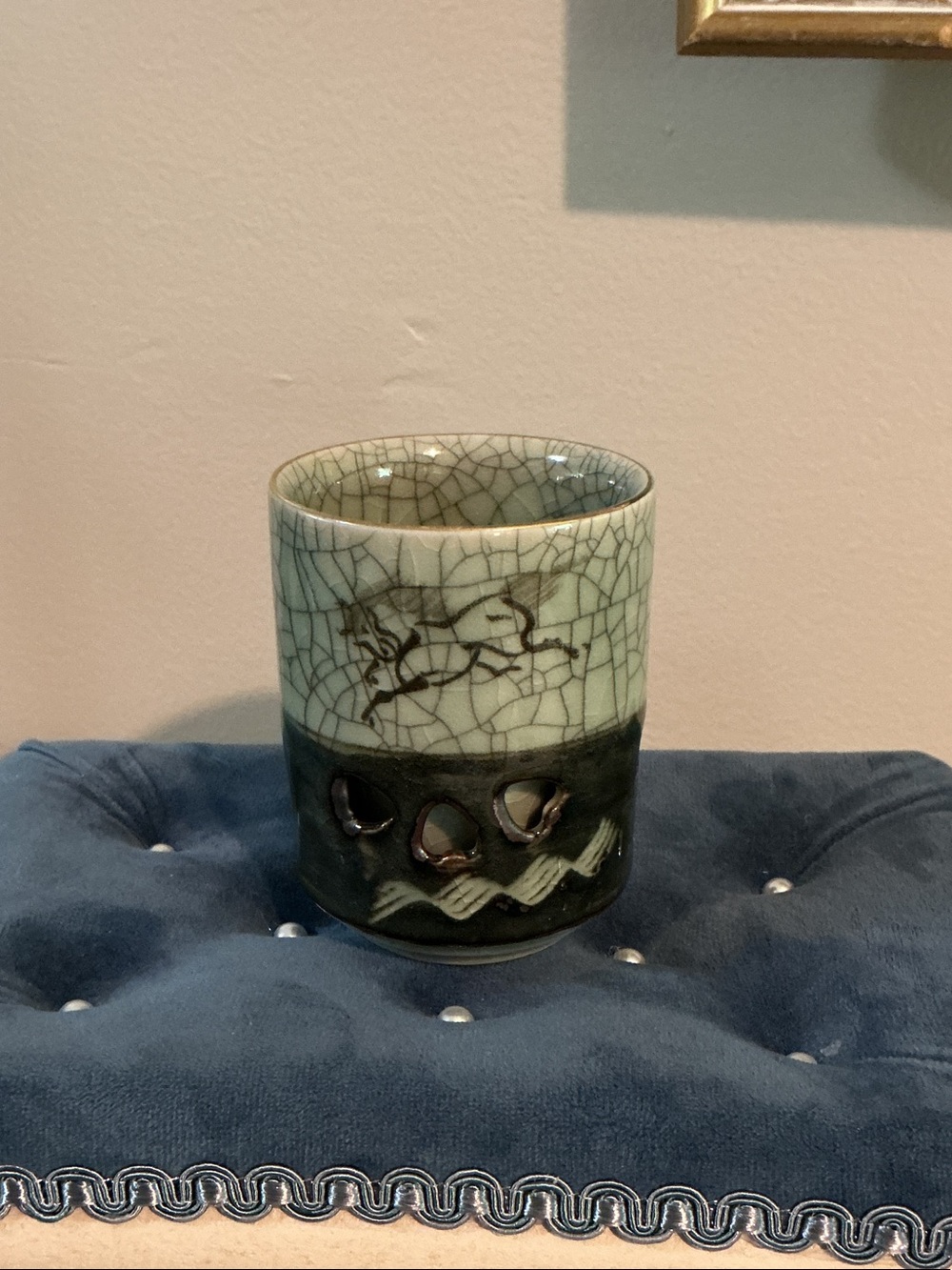 Japanese Somayaki Double Walled Tea Cup Celadon Green Crackle Ceramic 3x3.75